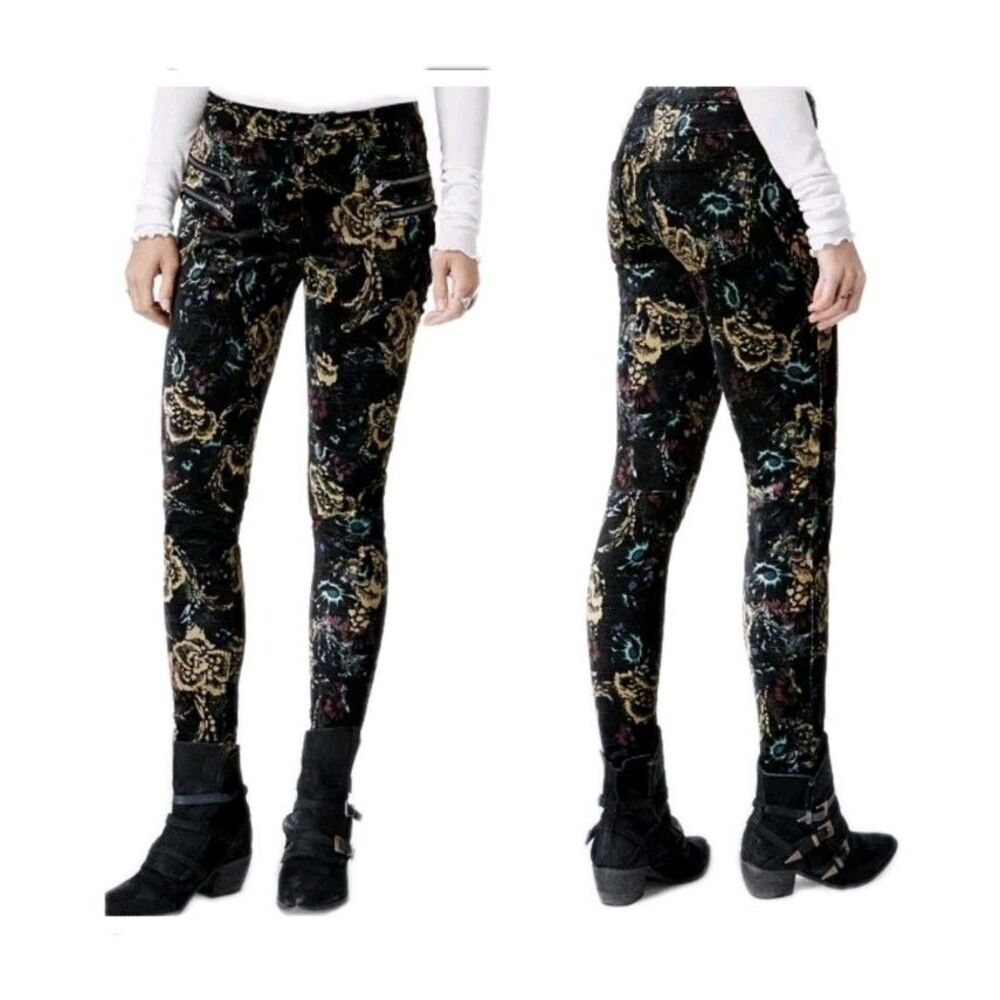 Free People Velvet Floral Print Skinny Jeans Womens Size 12 Black Stretch GUC